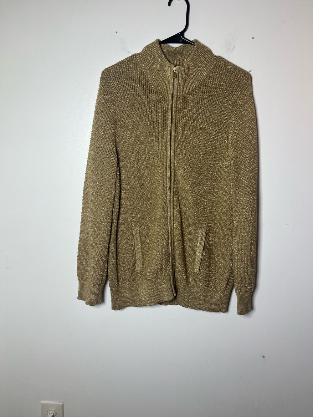 Ralph Lauren Active Women Gold Metallic Mock Neck Ribbed Knit Zip Sweater 1X